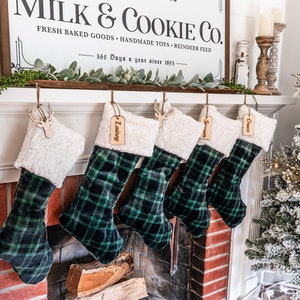 Green Buffalo Check Stocking, Plaid Stocking, Personalized Fur Xmas Decor, Farmhouse Stocking, Custom Xmas Stocking, Traditional Decor