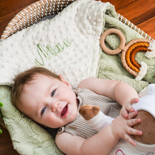 Sage and You Choose Dot Minky Baby Blanket, Newborn Baby Blanket, Sage Green Neutral Nursery Decor, Light Green Blanket