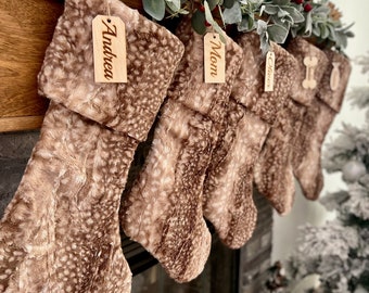 Brown Fawn Christmas stocking, Faux Fur personalized Christmas stocking, farmhouse Christmas stocking, Cappuccino Brown Decor