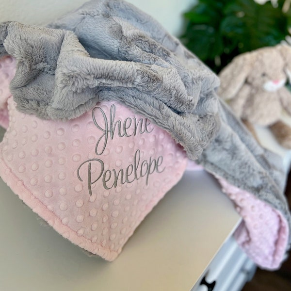 Personalized Gray Hide Minky and You choose the Dot Minky Baby Blanket, Newborn Baby Shower Gift
