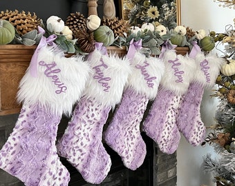 Lavender Wild Lynx Christmas Stocking, Lavender Pink Xmas Decor, Personalized Baby Girl Christmas Stocking, Sparkle Xmas Decor, Purple Gift