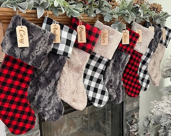 Buffalo Check stocking, Plaid Christmas Stocking, Personalized Fur Xmas Decor, Farmhouse Stocking, Personalized Wood tag, Minimalist Decor