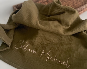 Lightweight Hunter Embroidered Baby Blanket, Personalized Baby Blanket, Cozy Soft Muslin Gauze Custom Blanket, Gift for Newborn