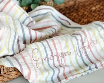 Lightweight Rainbow Embroidered Baby Blanket, Personalized Baby Blanket, Cozy Soft Muslin Gauze Custom Blanket, Gift for Newborn Girl