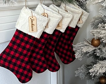 Buffalo check  stocking, Plaid Christmas stocking, personalized Christmas stocking, farmhouse Christmas stocking, Personalized Wooden Tag