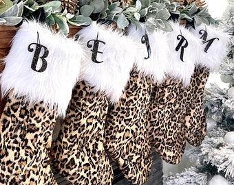 Cheetah Christmas Stocking, Leopard Xmas, Personalized Christmas Stocking, Sparkle Initial, Gift for Girlfriend Christmas