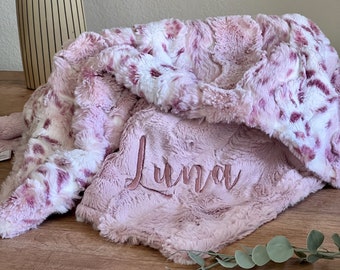 Personalized Baby Blanket, Wild Rose Lynx and You Choose Minky Back Blanket, Newborn Girl gift, Baby Shower Gift, Rosewater Baby Blanket