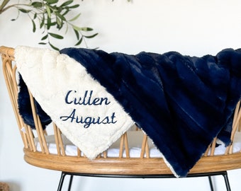 Personalized Navy Baby Blanket, Vienna Navy and You Choose Minky Color, Newborn Boy, Baby Boy Shower Gift, Embroidered Baby Boy Blanket