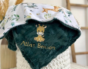 Personalized Baby Blanket, Embroidered Giraffe Blanket, Safari Babies Newborn Boy gift, Baby Shower Gift, Animal Baby Blanket, Woodland Baby