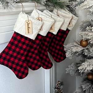 Buffalo check  stocking, Plaid Christmas stocking, personalized Christmas stocking, farmhouse Christmas stocking, Personalized Wooden Tag