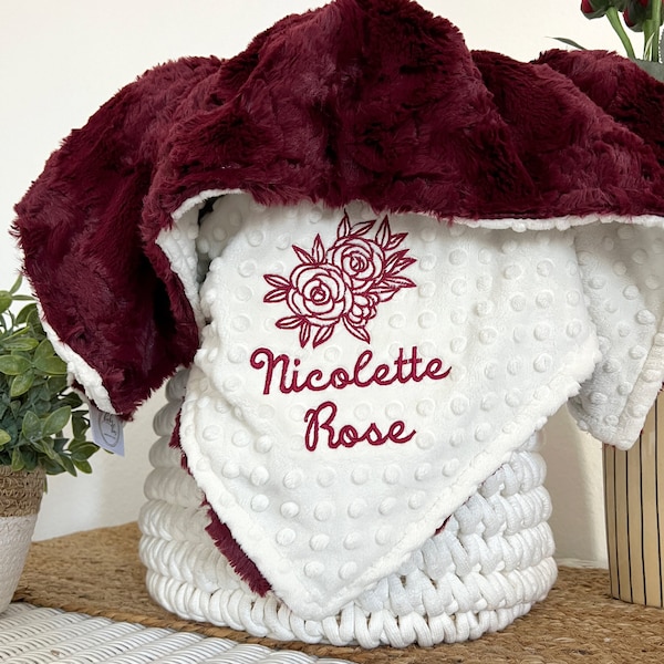 Custom Baby Blanket, Merlot Glacier Rose Blanket, Burgundy Baby Girl Blanket, Embroidered Minky Blanket, Burgundy Nursery,Floral Baby Shower