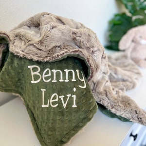 Personalized Baby Blanket, Sandshell Rabbit and Minky Back Blanket, Newborn Boy Gift, Baby Shower Gift, Neutral Boho Blanket, Embroidered