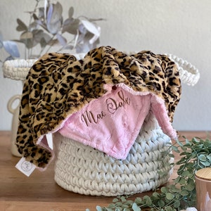 Personalized Baby Blanket, Leopard Sand Minky and You Choose Minky Back Baby Blanket, Newborn Girl gift, Baby Shower Gift, Cheetah Blanket