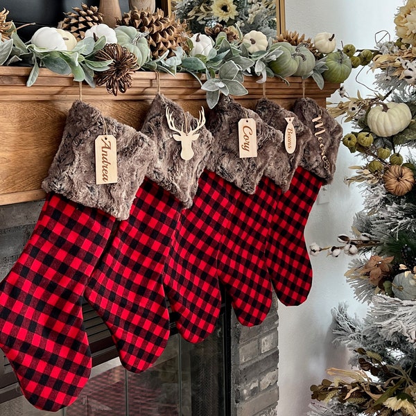 Buffalo Check stocking, Red and White Christmas Stocking, Personalized Xmas Decor, Farmhouse Stocking, Personalized Wood, Minimalist Decor