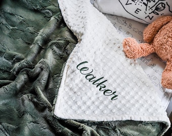 Personalized Baby Blanket, Chive Green Hide Minky and Dot Minky Baby Blanket, Newborn Boy, Baby Blanket, Baby Shower Gift, Hunter Green