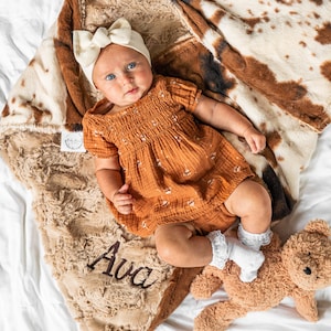 Personalized Baby Blanket, Ivory Brown Pony and You Choose Minky Back Blanket, Brown Cow Blanket, Western Baby Shower Gift
