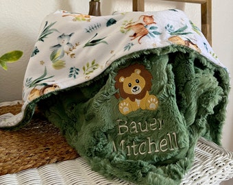 Personalized Baby Blanket, Embroidered Lion Blanket, Safari Babies Newborn Boy gift, Baby Shower Gift, Animal Baby Blanket, Woodland Baby