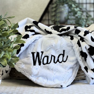 Personalized Baby Blanket, Black and White Cow Minky and You Choose Minky Color, Newborn Boy gift, Baby Shower Gift, Cow Blanket