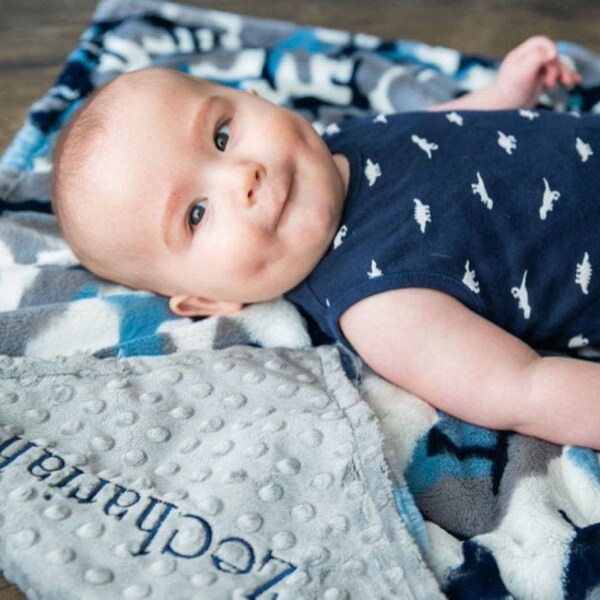 Personalized Blanket, Navy Grey Camo Minky Print & you choose Minky Back Baby Blanket, Newborn Girl or Newborn Boy, Baby Shower Gift,