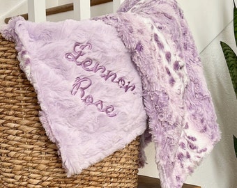 Personalized Baby Blanket, Lavender Lynx Glacier and you Choose Minky back color, Wildrose Lynx Blanket, Newborn Girl gift, Baby Shower Gift