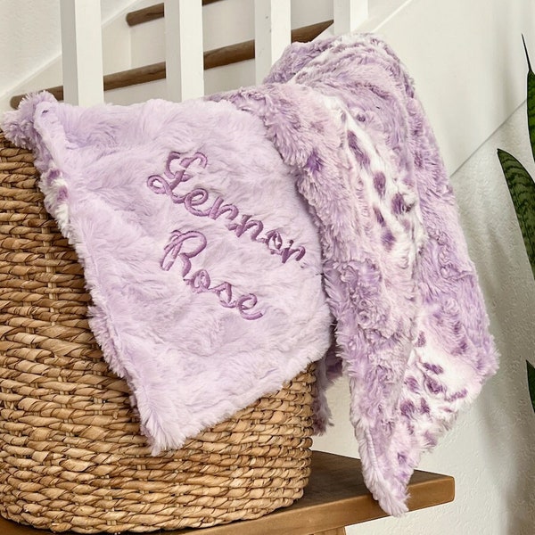 Personalized Baby Blanket, Lavender Lynx Glacier and you Choose Minky back color, Wildrose Lynx Blanket, Newborn Girl gift, Baby Shower Gift