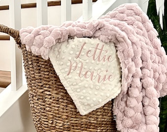 Personalized Baby Blanket, Rosewater Pink Nora Minky and You Choose Minky Dot Color, Newborn Girl gift, Baby Shower Gift, Embroidered Baby