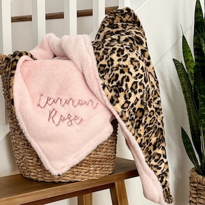 Personalized Baby Blanket, Leopard Sand Minky and You Choose Minky Back Baby Blanket, Newborn Girl gift, Baby Shower Gift, Cheetah Blanket