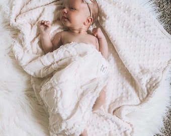 Personalized Baby Blanket Cream Ivory Swirl Minky Baby Blanket with Mint Green Dot Minky Back Standard