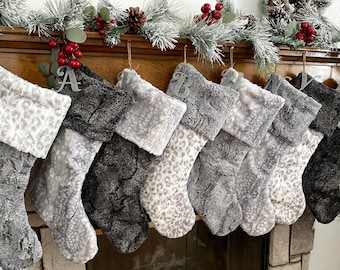 Silver Christmas Stocking, Silver Fawn Christmas stocking, personalized Fur Christmas stocking, Silver Leopard Christmas stocking