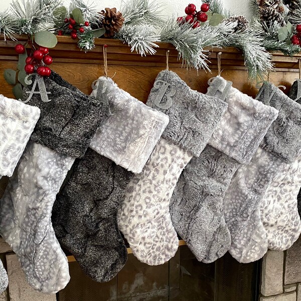 Silver Christmas Stocking, Silver Fawn Christmas stocking, personalized Fur Christmas stocking, Silver Leopard Christmas stocking