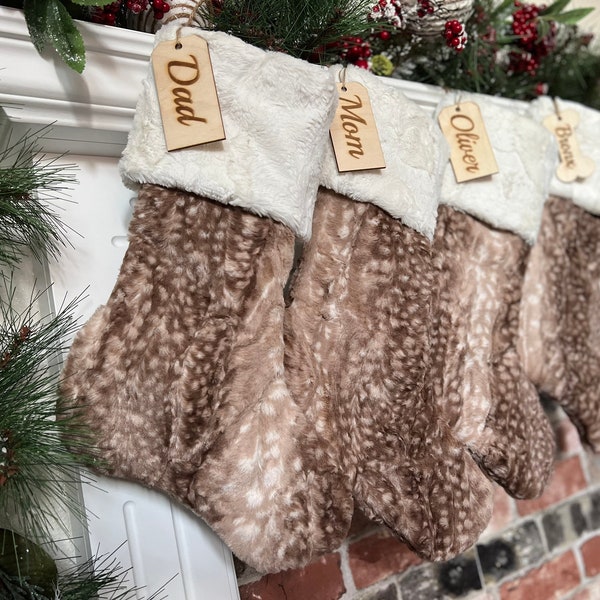 Fawn Christmas stocking, Faux Fur Christmas stocking, personalized Christmas stocking, farmhouse Christmas stocking, Brown Fawn