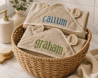 Personalized Hooded Baby Towel | Embroidered Name | Bamboo Baby Bath Towel | Baby Shower Gift |  Tan Bear Toddler Towel