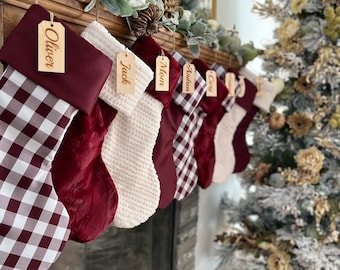 Personalized Christmas Burgundy Stocking, Maroon Plaid Christmas Decor, Personalized Soft Fur Xmas Mantle, Farmhouse Christmas Sock