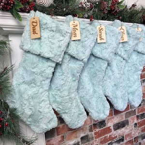 Personalized stocking, Mint Ice Glacier Christmas stocking, personalized Fur Christmas stocking,farmhouse Christmas, Personalized Wood tag