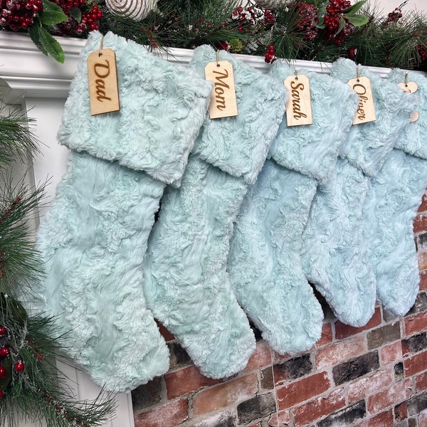 Personalized stocking, Mint Ice Glacier Christmas stocking, personalized Fur Christmas stocking,farmhouse Christmas, Personalized Wood tag