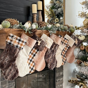 Plaid Stockings, Brown Plaid Stockings, Ivory Stockings Personalized Christmas Stockings, Fawn Stockings, Cream Stockings. Neutral Stocking