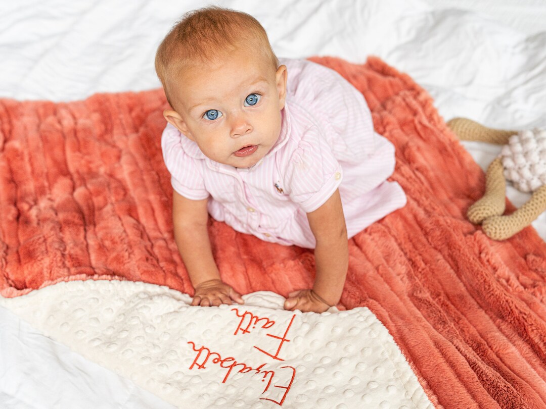 Personalized Coral Baby Blanket, Vienna Adobe and You Choose Minky Dot