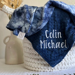 Personalized Baby Blanket, Navy Blue tie-dye and You Choose Minky Dot color Baby Blanket, Newborn Girl or Newborn Boy, Baby Shower Gift