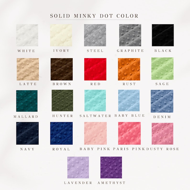 Op de afbeelding: Een kleurenkaart met verschillende tinten minky dot stof. De kaart bevat kleuren zoals wit, ivoor, staal, grafiet, zwart, latte, bruin, rood, roest, salie, mallard, jager, zeewater, babyblauw, denim, marine, koninklijk, babyroze, parijsroze, stoffig roze, lavendel en amethist.