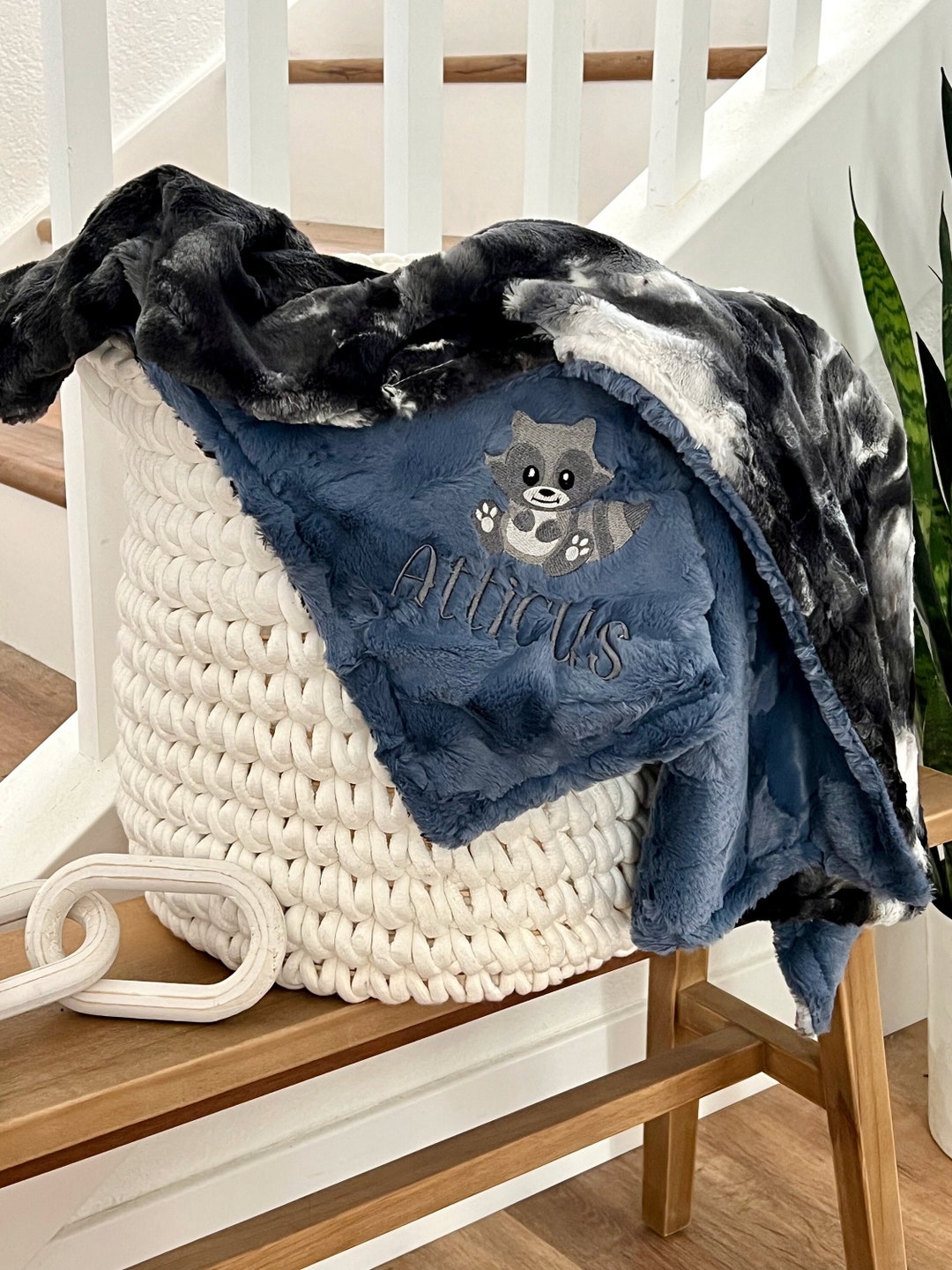 Personalized Baby Blanket, Embroidered Raccoon Blanket, Soapstone