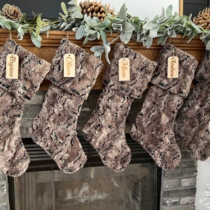 Personalized stocking, Walnut Christmas stocking, personalized Brown faux fur Christmas stocking,farmhouse Christmas, Personalized Wood tag