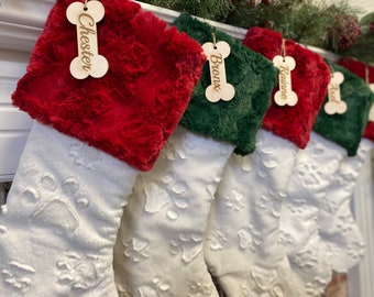 Dog stocking, Dog Christmas Stocking, Ivory Embossed Paw Stocking, Red Dog Christmas stocking, Personalized green dog stocking