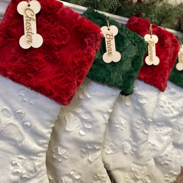 Dog stocking, Dog Christmas Stocking, Ivory Embossed Paw Stocking, Red Dog Christmas stocking, Personalized green dog stocking