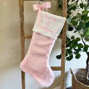 Embroidered Christmas Stocking Baby Girls First Christmas, Custom Baby Pink Christmas Stocking