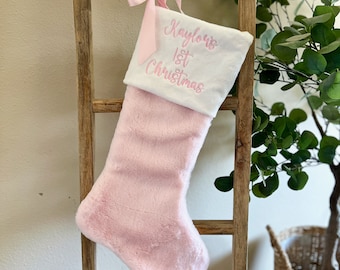 Embroidered Christmas Stocking Baby Girls First Christmas, Custom Baby Pink Christmas Stocking