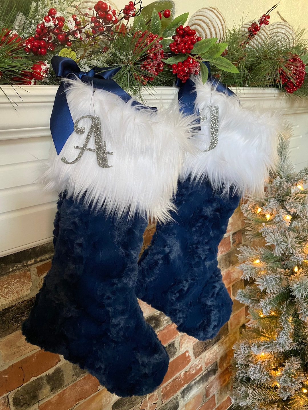 Navy Blue Christmas Stocking, Faux Fur Christmas Stocking, Personalized