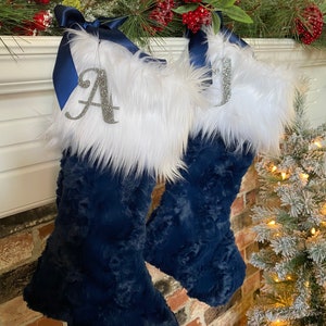 Navy Blue Christmas Stocking, Faux Fur Christmas Stocking, Personalized Christmas Stocking, Sparkle Initial Christmas Stocking