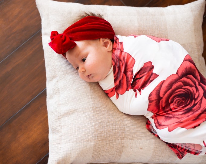 Swaddle Set Girl, Red Rose Swaddle Set, Swaddle Blanket and Red Velvet