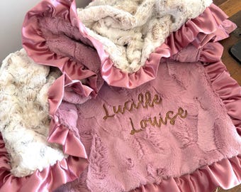 Personalized Ruffle Baby Blanket, Snow Owl Print, Newborn Gift