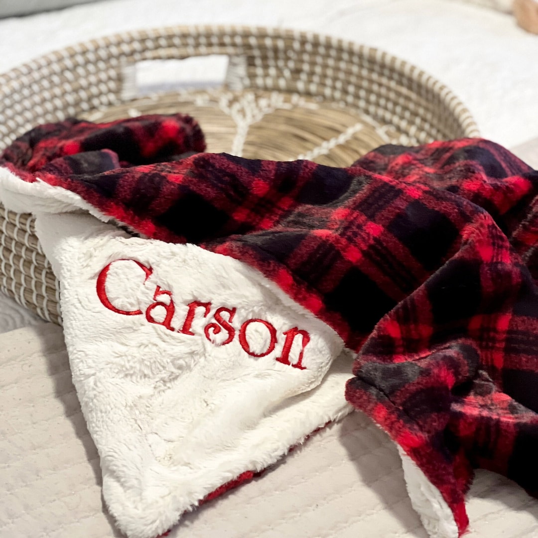 Personalized Red Plaid Baby Blanket, Custom Christmas Baby Blanket